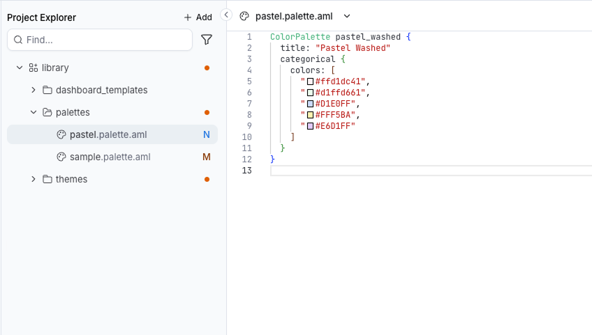 Defining a color palette in the palette AML file