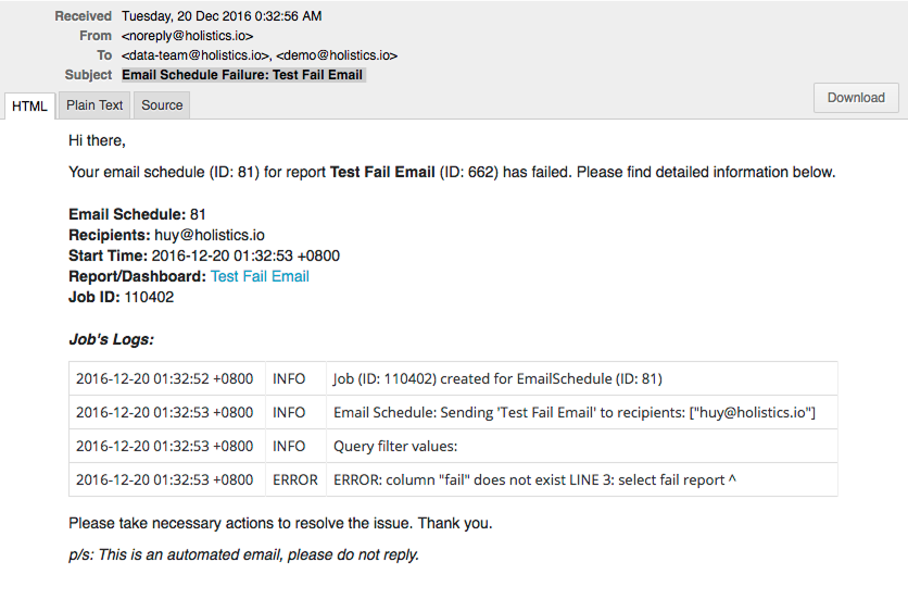 Example of a delivery failure notification email
