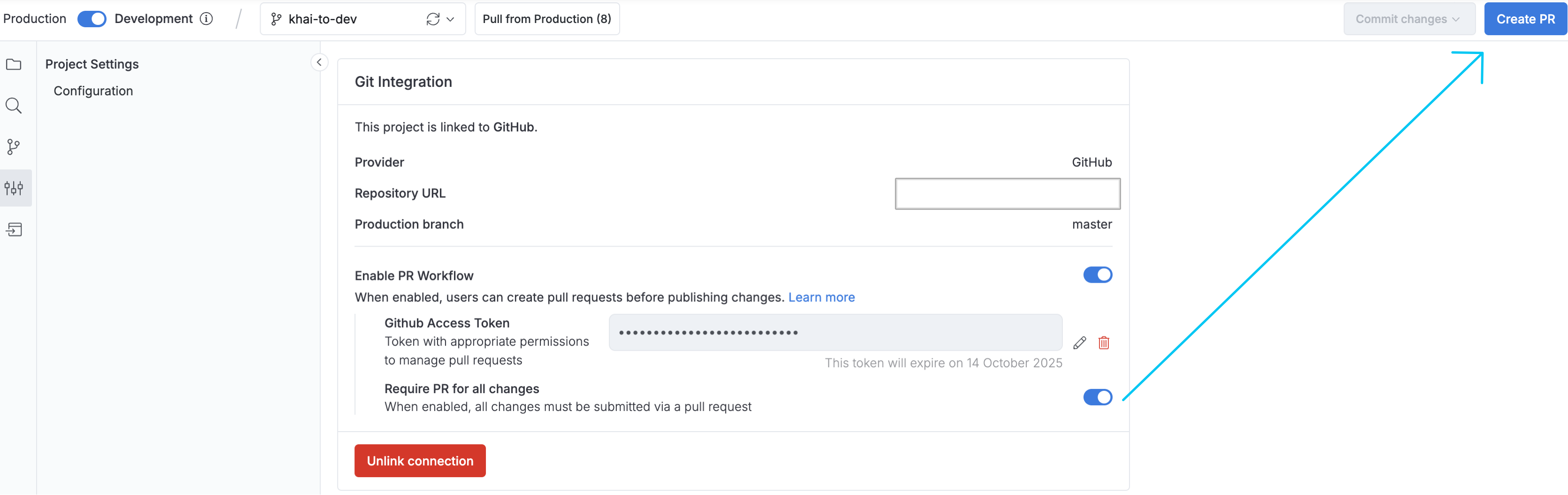 Enable PR requirement toggle on