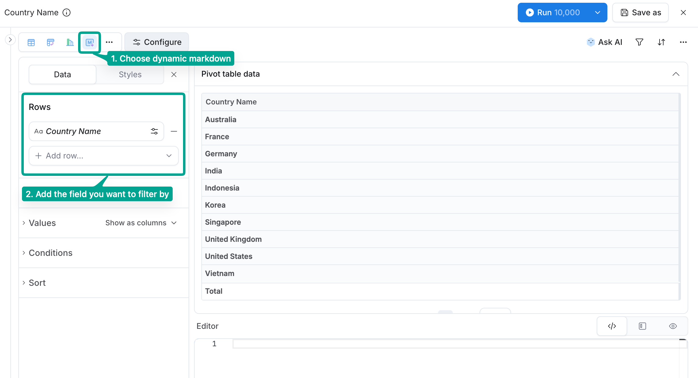 Add the filter field to Rows in the Dynamic Content block configuration