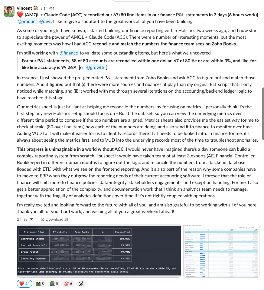 Vincent's Slack message about reconciling P&L with an agent