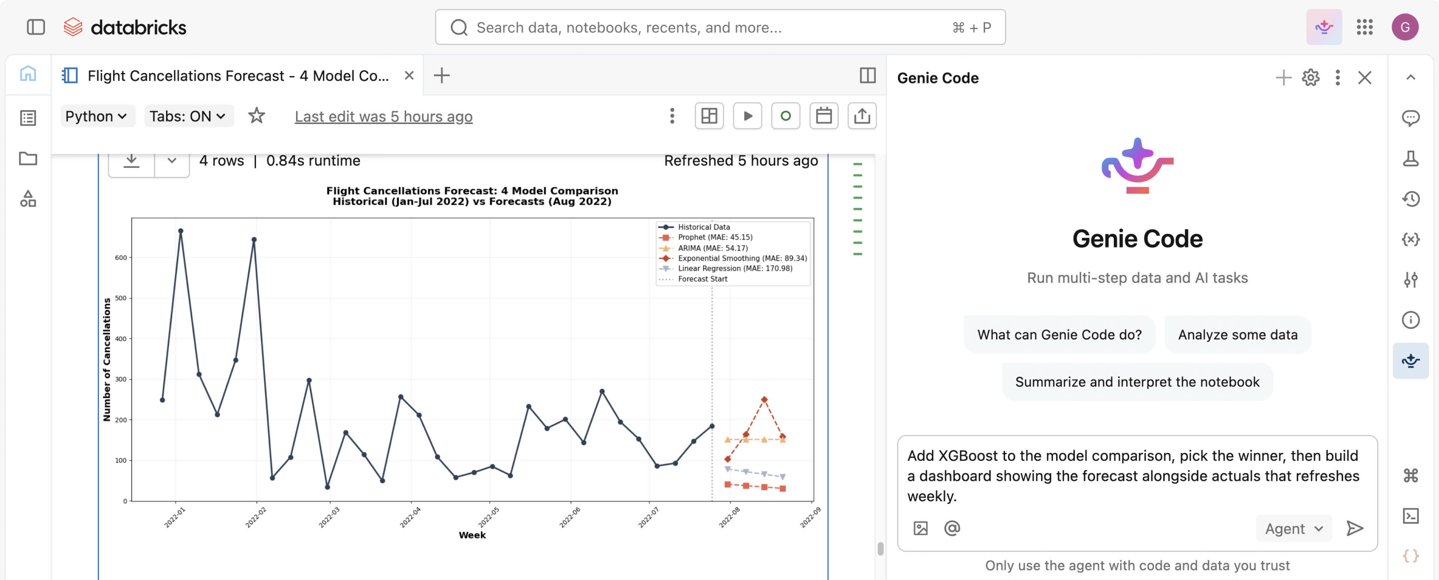 Databricks Genie answering a natural-language question in an agentic mode