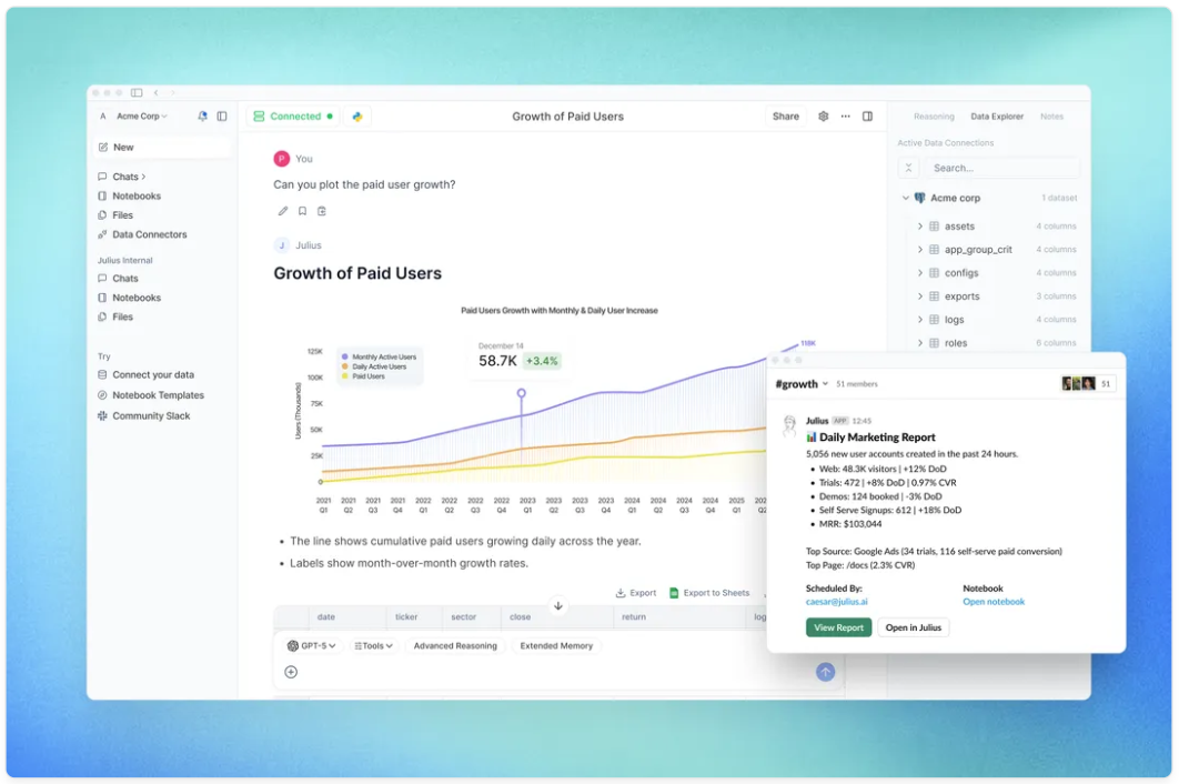 Julius AI running statistical analysis on an uploaded dataset