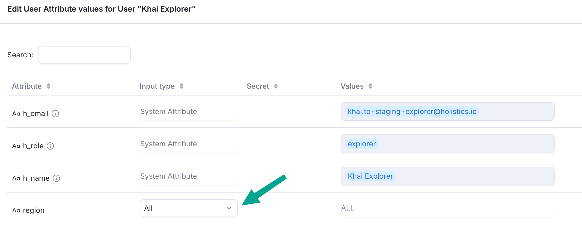 User attribute interface showing the All value selected
