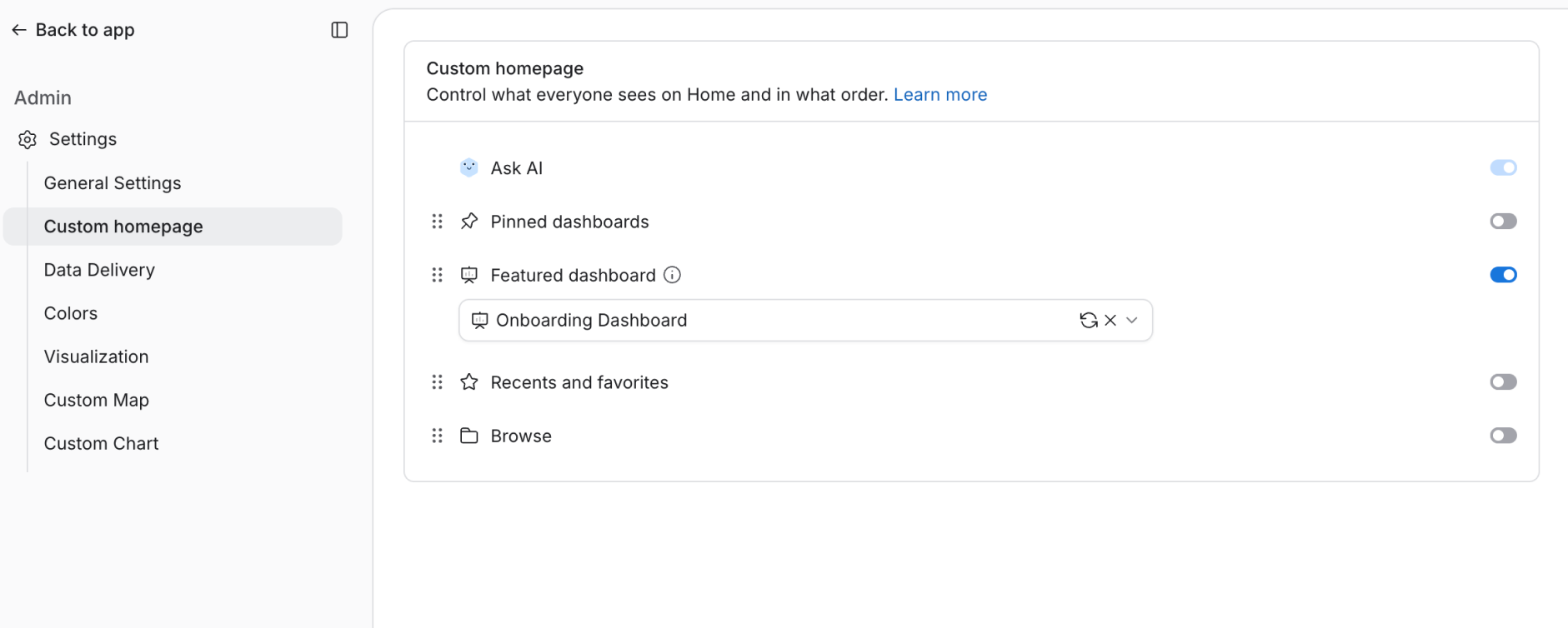 Custom homepage settings in Admin Settings, with section toggles, drag handles, and a featured dashboard selected
