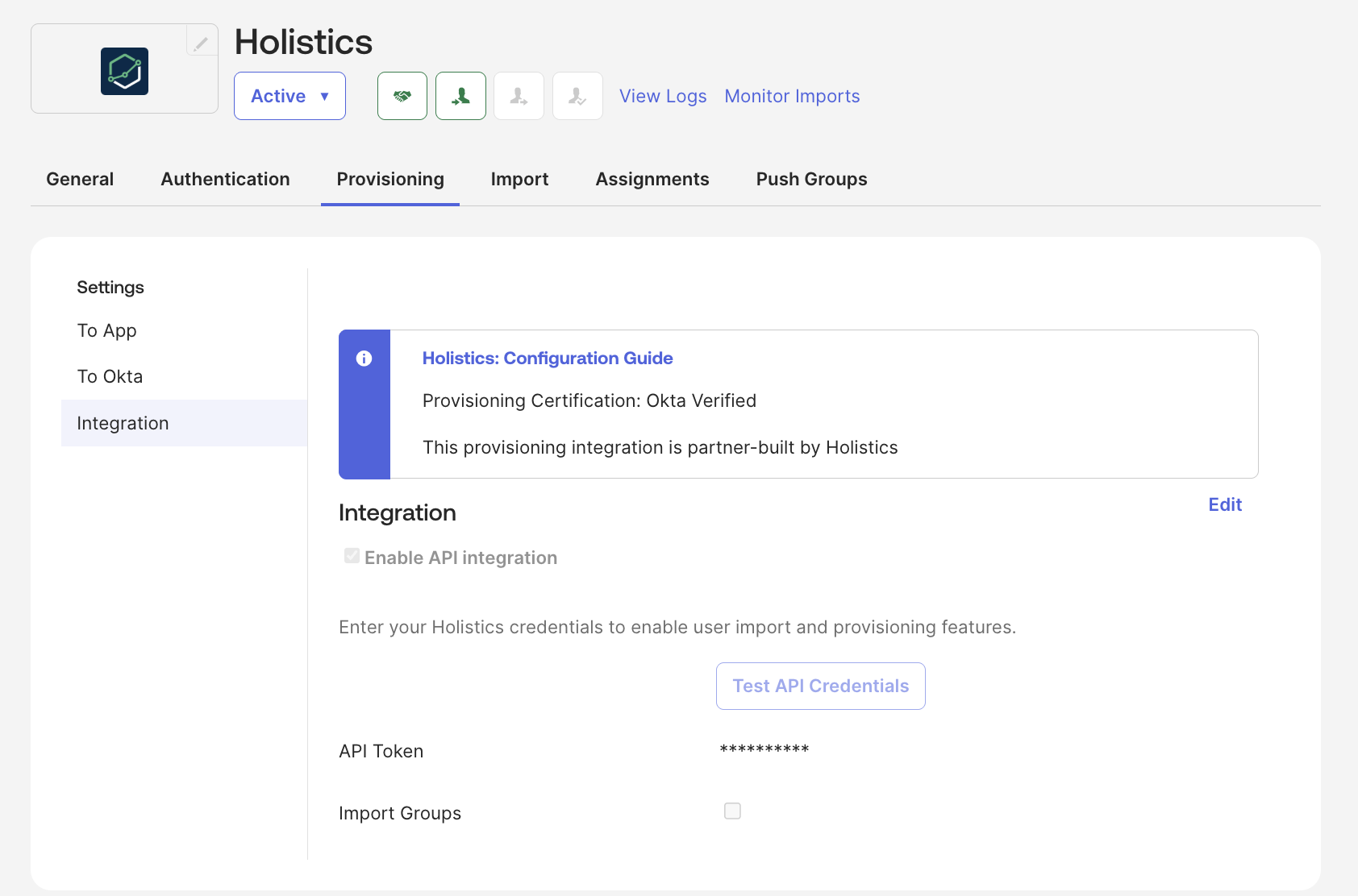 API integration settings for the Holistics app on the Okta Provisioning tab