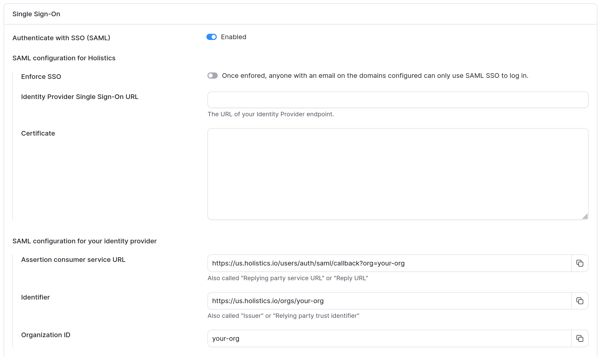 SAML configuration values in Holistics