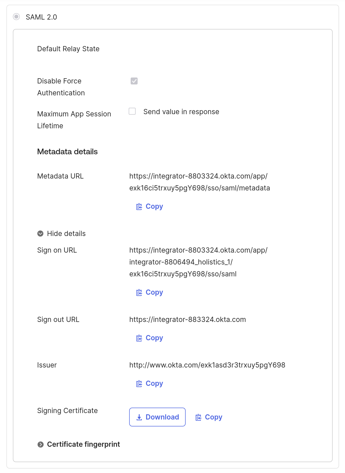 Okta SAML setup instructions with identity provider values
