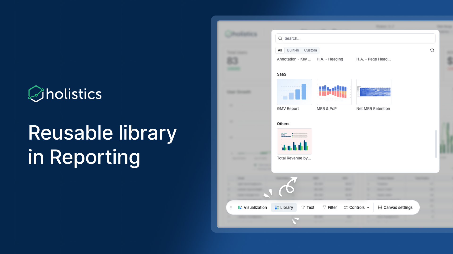 Demonstration of browsing and inserting a shared component from the Reusable Library in Reporting.